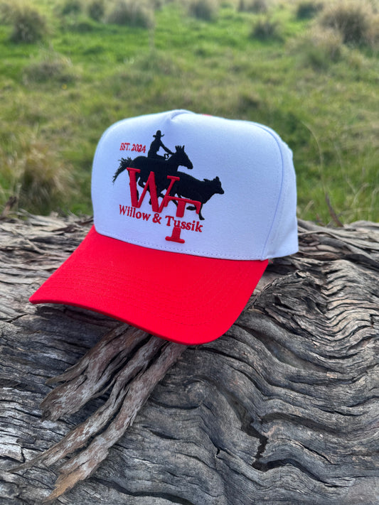 Red & White Fabric Trucker Cap